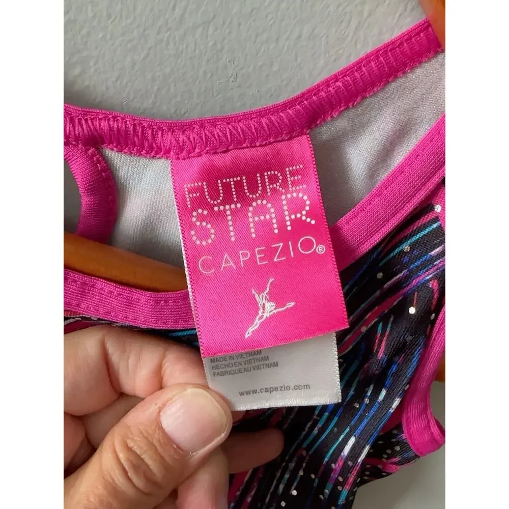 Capezio Future Star Girls XS Gymnastics Biketard Leotard Sparkle Pink Blue
